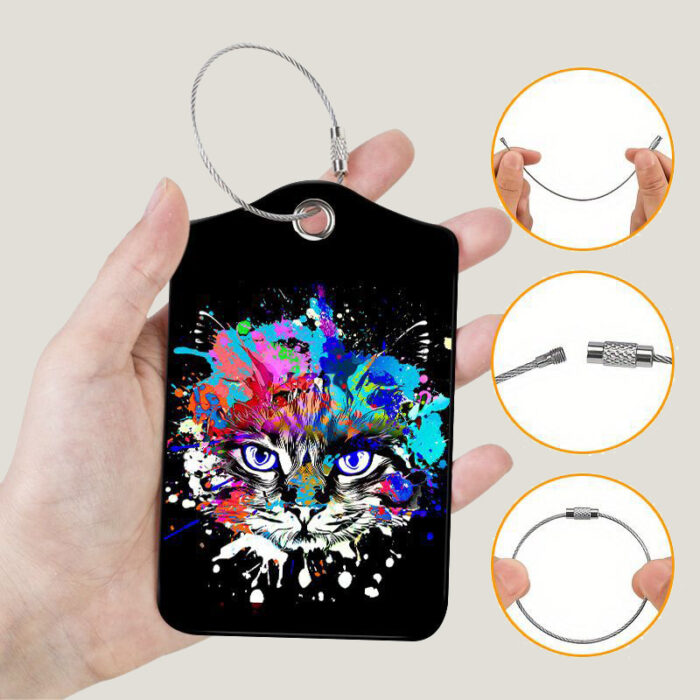 cat Luggage Tags.Black background,the handsome rock cat has colorful hair.