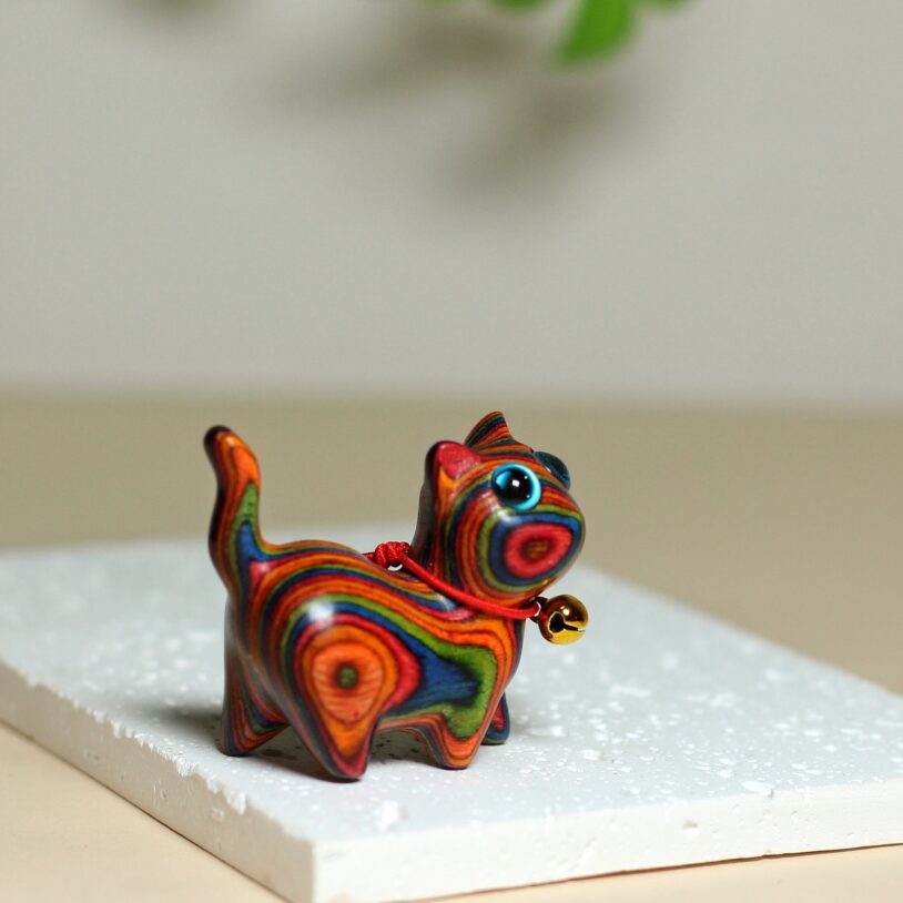 Cute Cat Wooden Sculptures Statue （Rainbow Wood） - Image 4