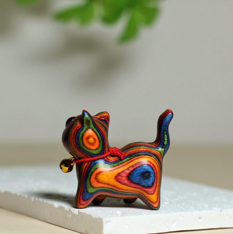 Cute Cat Wooden Sculptures Statue （Rainbow Wood） - Image 3