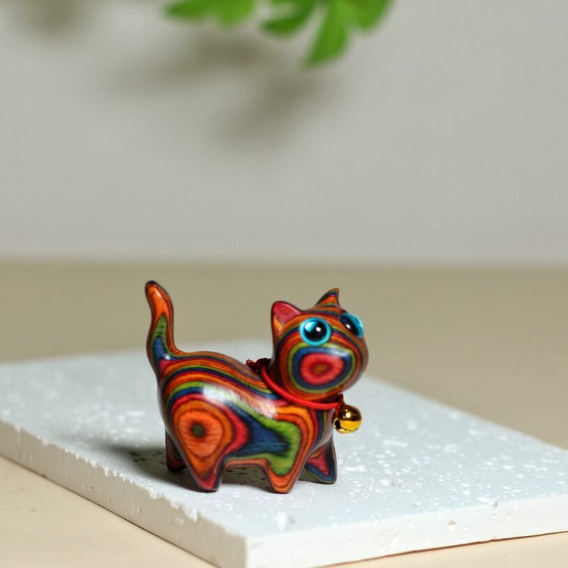 Cute Cat Wooden Sculptures Statue （Rainbow Wood） - Image 2